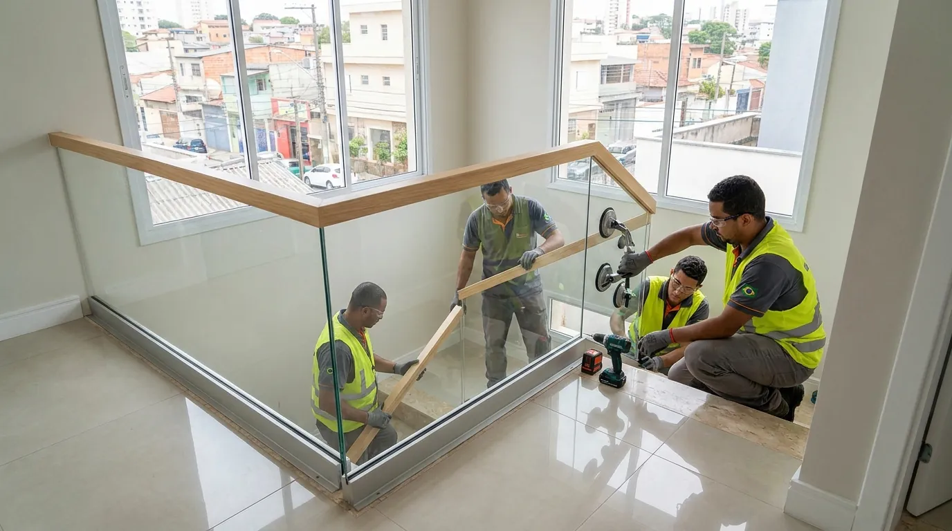 Painéis de guarda-corpo sendo posicionados